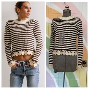 Bohme NWT Striped Crochet Trim Sweater Womens Medium Brown Cream